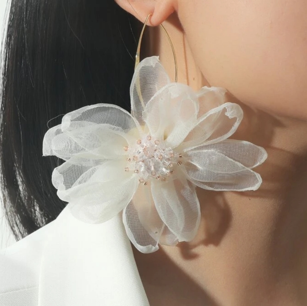One left: "Magnolia" Beaded Cream Detail Flower Design Earrings